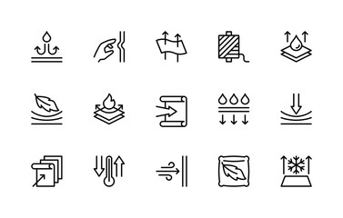 Fabric properties related vector linear icons set. Isolated icon collection such as waterproof, elasticity, threads, strength and more.
