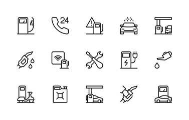 Petrol station related vector linear icons set. Isolated icon collection such as petrol pump, 24, car wash, maintenance and more.