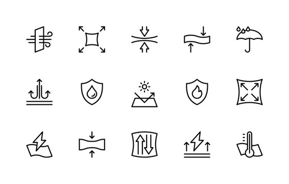 Fabric properties related vector linear icons set. Isolated icon collection such as breathable, stretch, anti-static, durability and more.