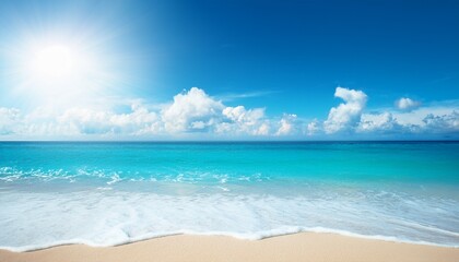 Fototapeta premium A summer vacation, holiday background of a tropical beach and blue sea and white clouds with.
