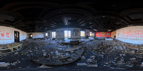 A stunning 360 HDRI panorama of an abandoned and ruined hotel, capturing the eerie and atmospheric beauty of decay. The high-dynamic-range imaging reveals intricate details of broken walls.