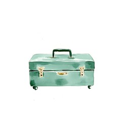 Watercolor Illustration of a Vintage Mint Green Suitcase with Golden Hardware Travel Artwork