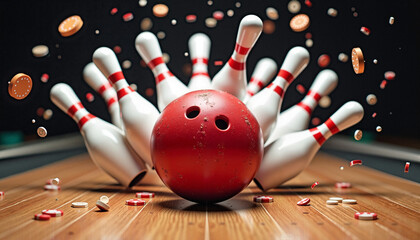 Red bowling ball hitting white pins with scattered snacks in bowling alley
