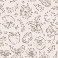 Line art seamless pattern with peppers, slices, halves, pieces, flower, branch and leaves. Linear organic vegetable concept. Natural hand drawn background for print, wrapping paper, fabric, banner
