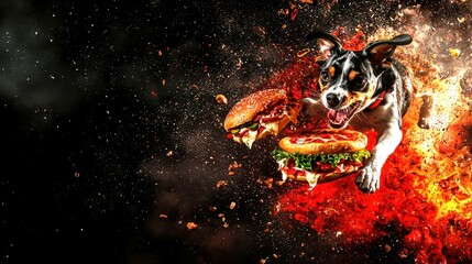 Energetic Dog Leaping with Burgers Against Explosive Background