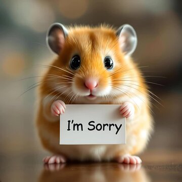 Hamster's Apology: A cute hamster holds a small sign that says "I'm sorry" . Its pleading eyes and furry appearance evoke feelings of forgiveness and compassion