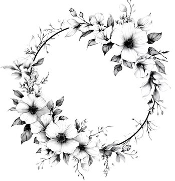 A black and white watercolor wreath of anemones, roses, daisies, leaves, and branches. Vector illustration, clipart isolated on a plain background