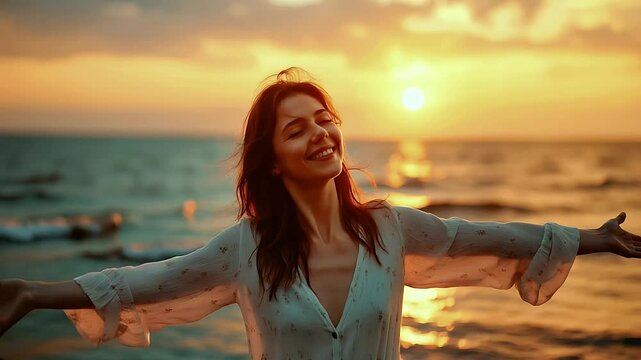 Happy woman standing on the seashore with her arms outstretched, concept of freedom and relaxation