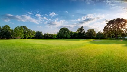 Background texture of clean and wellmaintained grass lawn with a variety of trees in the back