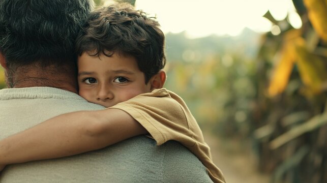 Child embracing adult, young boy looking over shoulder with concerned expression, backdrop of lush greenery, captures emotion and connection.
