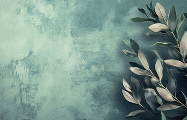 Background is sage green with branches of greenery