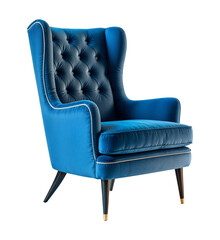 Blue suede high back chair with carriage tie, isolated on transparent background, png