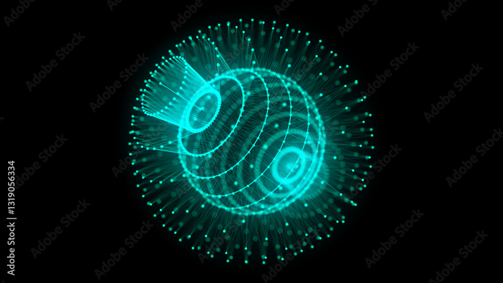 Fototapete Abstract blue sphere with connecting dots and lines. Wireframe technology sphere with explosion effect. Big data visualization. 3d rendering.