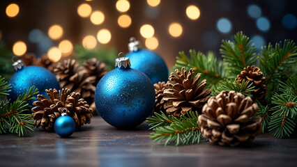 Festive Blue Christmas Ornaments and Pine Cones on Wooden Surface with Greenery Holiday Lights and Seasonal Cheer