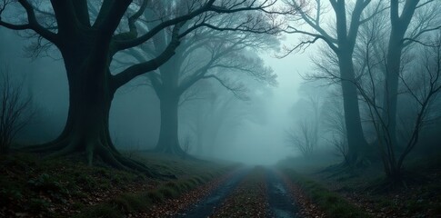 Ancient woodland, thick fog, skeletal branches, low light, eerie, misty, nature
