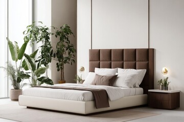 Modern bedroom with large bed, plants, and minimalist decor.