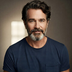 Fototapeta premium A confident middle-aged man with salt-and-pepper hair and a beard, wearing a navy blue T-shirt, smiling warmly. Perfect for lifestyle, confidence, and personal branding themes.