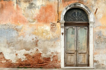 Weathered door on rustic colorful wall. Artificial Intelligence image
