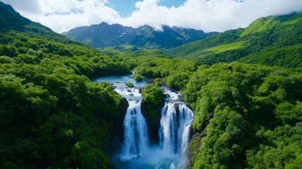 Majestic twin waterfalls in lush green forest with mountainous backdrop on a sunny day