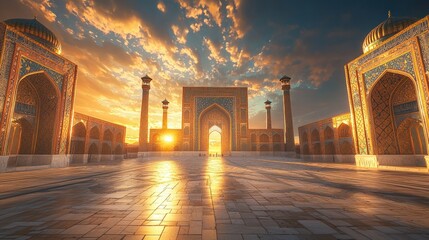 the beautiful blue sky and the sun shining through the arch in the old city of Samarkand, Uzbekistan , Generative art.