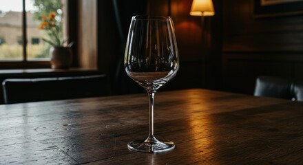Wine Glass on Aged Wooden Table with Chandelier Light