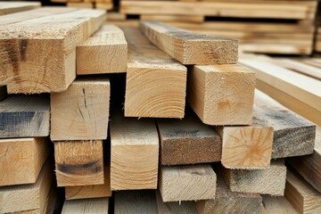 Stacked timber planks in warm lighting and soft focus. Artificial Intelligence image