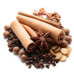 Diverse selection of spices including cinnamon isolated on a pure white background for culinary and artistic use