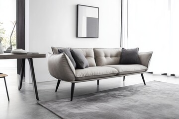Modern beige leather sofa in minimalist living room.