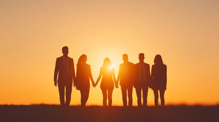 Fototapeta premium Group of friends silhouetted against sunset, casual gathering on beach, themes of togetherness and joy, perfect for social media.
