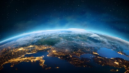 Fototapeta premium Panoramic view on planet Earth globe from space. Glowing city lights, light clouds