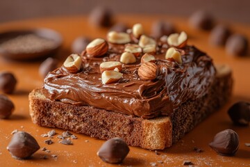 slice of toast topped with rich chocolate spread, sprinkled with crunchy hazelnuts