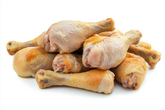 Raw chicken drumsticks pile on white background. Artificial Intelligence image
