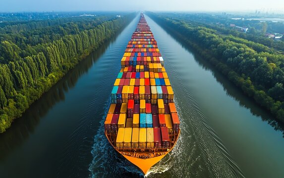 un enorme bateau porte conteneurs en train de naviguer dans un canal
