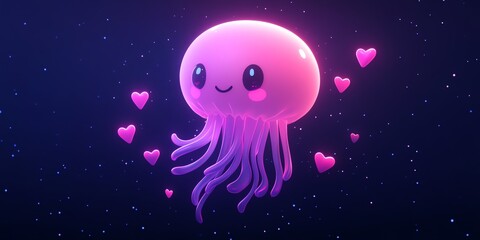 Fototapeta premium Adorable Pink Jellyfish: Neon Glow, Cosmic Hearts, Cute Style