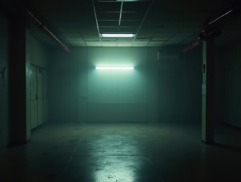 Flickering fluorescent light illuminating empty office space with eerie shadows