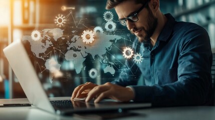 Businessman Using Laptop for Global Communication and Networking