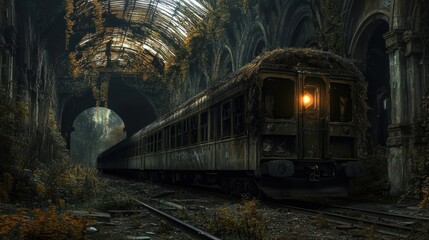 Naklejka premium A train in a ruined tunnel with a light on.
