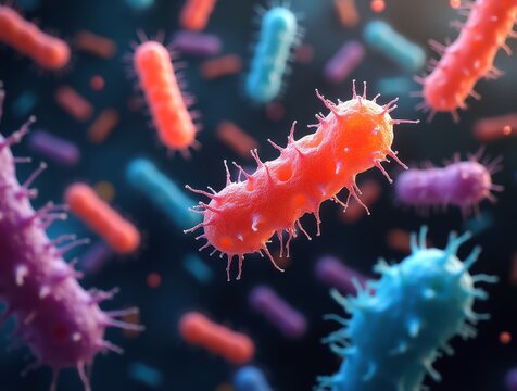 Colorful bacteria floating in a dark microscope: a 3d rendering