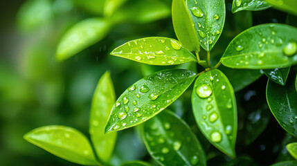 Fresh green leaves glistening with rain droplets create serene atmosphere