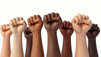 a group of diverse fists raised in solidarity, representing strength and unity. They symbolize the power of coming together for a common cause