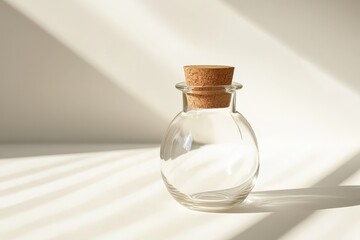 Clear glass bottle with cork stopper on light background