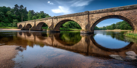 Historic Stone Bridge Over a Peaceful Reflective River for a Timeless Scenic View