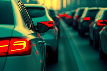 Fototapeta premium Traffic jam at dusk, rows of cars with illuminated taillights, urban setting, evening rush hour vibe, city life highlight.