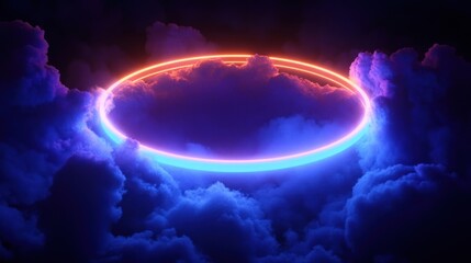 Fototapeta premium Glowing neon ring above clouds.