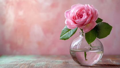 Elegant pink rose in glass vase against warm blurred background