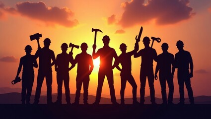 Fototapeta premium a silhouette of group of workers holding their tools at sunset. The sky is painted with warm colors