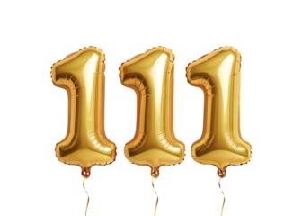111 Number Shiny Gold Balloon, Celebratory Foil Balloon Decoration. isolated on transparent background, Helium balloons font.