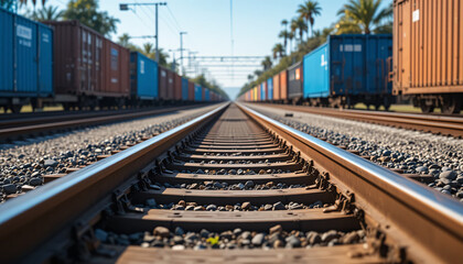 Obraz premium Low angle view of parallel railway tracks stretching into the distance with long freight trains on either side, featuring blue and orange cargo containers under a clear sky.