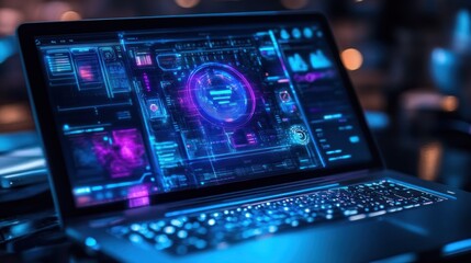 Futuristic laptop displaying holographic interface with data and progress indicators.