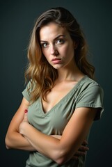 Naklejka premium Serious young woman crossing arms with a tough expression on dark background